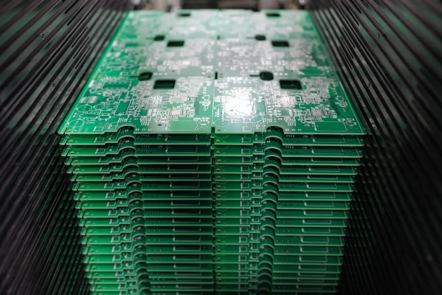 PCB panels stacked in a magazine loader on a high speed SMT line, prepared for automated SMD placement and inspection in a modern factory