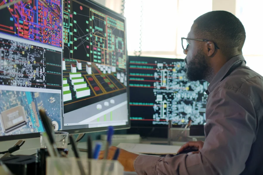 Stock image of an Afro-Caribbean male designing electronic circuit boards ( PCBs). He’s sitting at a desk with a large computer screen displaying a variety of apps & PCB illustrations.