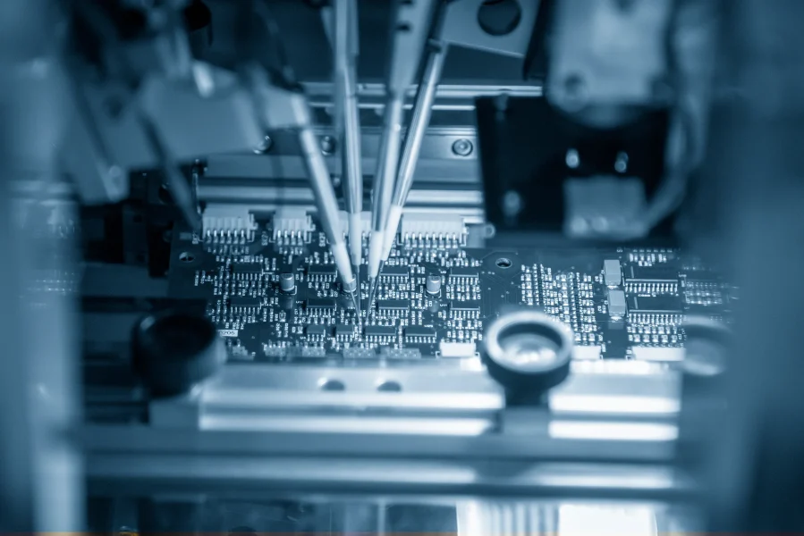 The automatic electronics circuit board assembly line .Hi-technology mainboard manufacturing process with robotic system.